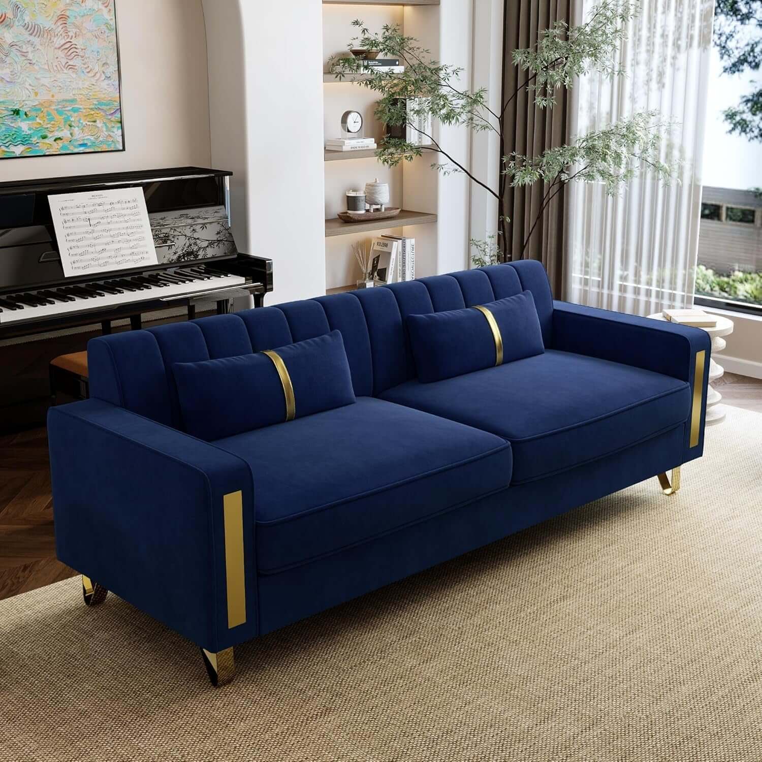 2 Piece Velvet Loveseat Sofa Set in blue with gold metal legs and four pillows, perfect for modern living rooms.