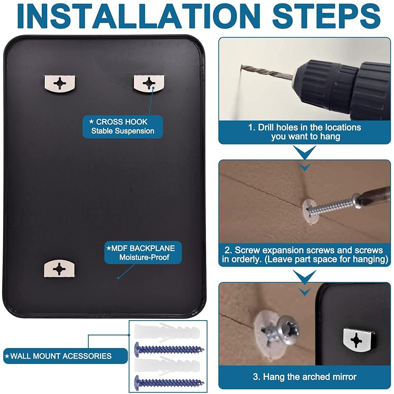 Installation steps for Black Metal Framed Bathroom Wall Mirror With Thin Frame, featuring cross hooks and screw instructions.