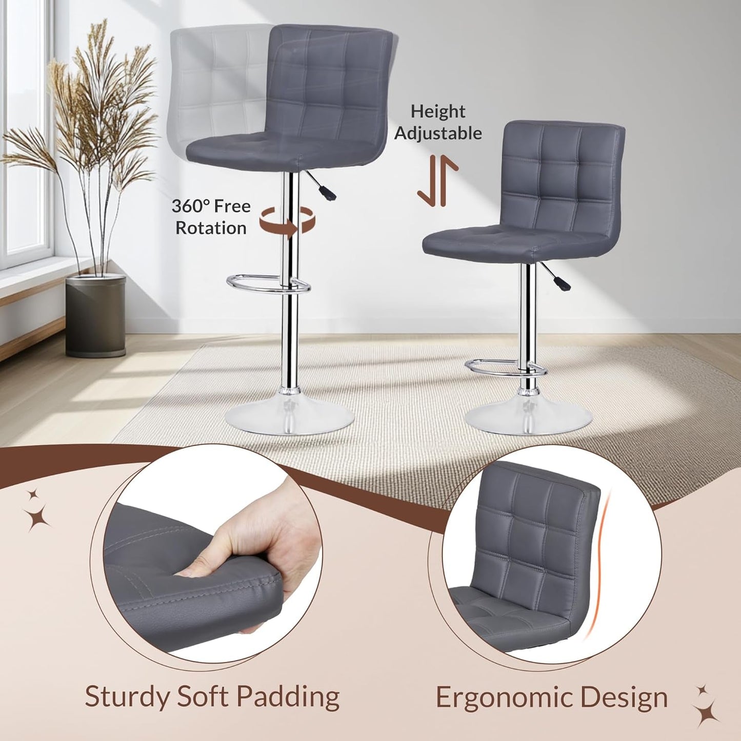 Set Of 4 Adjustable Swivel Barstools In Grey PU Leather