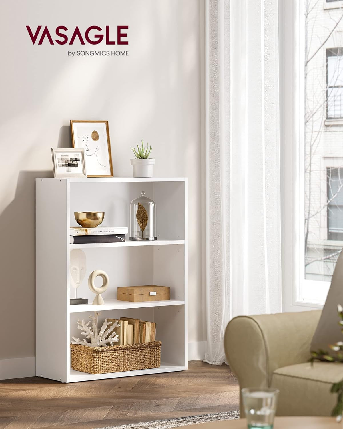 Cloud White 23.6 Inch Wide Three Tier Open Bookshelf