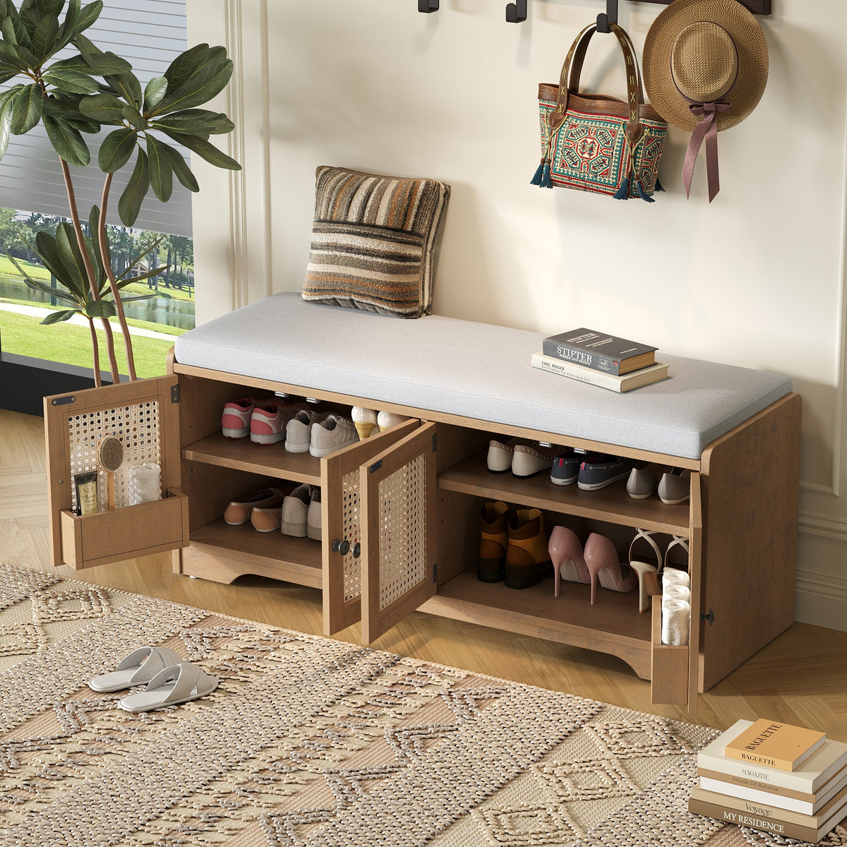 TREXM Rustic Storage Bench Multifunctional Wood Entryway Shoe Bench