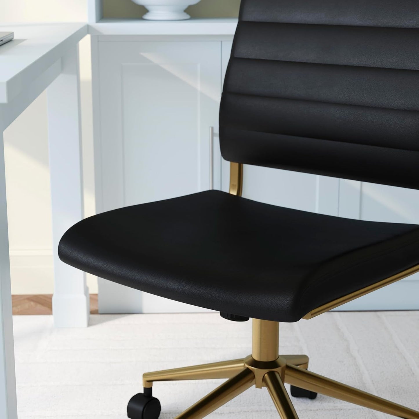 Armless Swivel Task Chair Black Faux Leather Brass Frame
