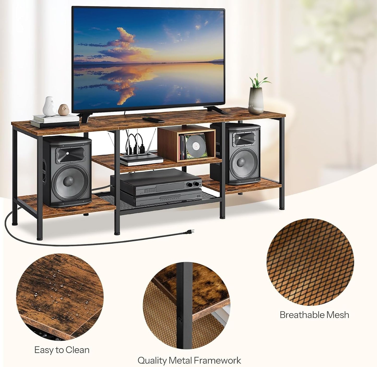 TV Stand With Power Outlets For 65 Inch TV Open Shelves