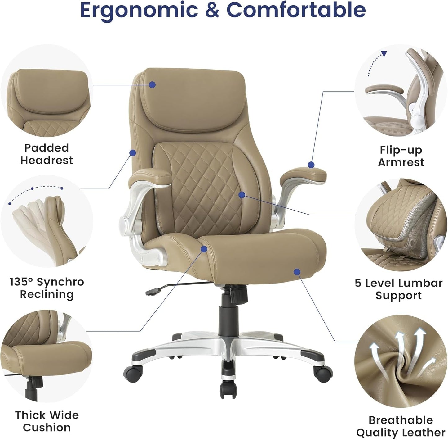 Ergonomic Office Chair Microfiber Leather With Adjustable Lumbar Support Taupe