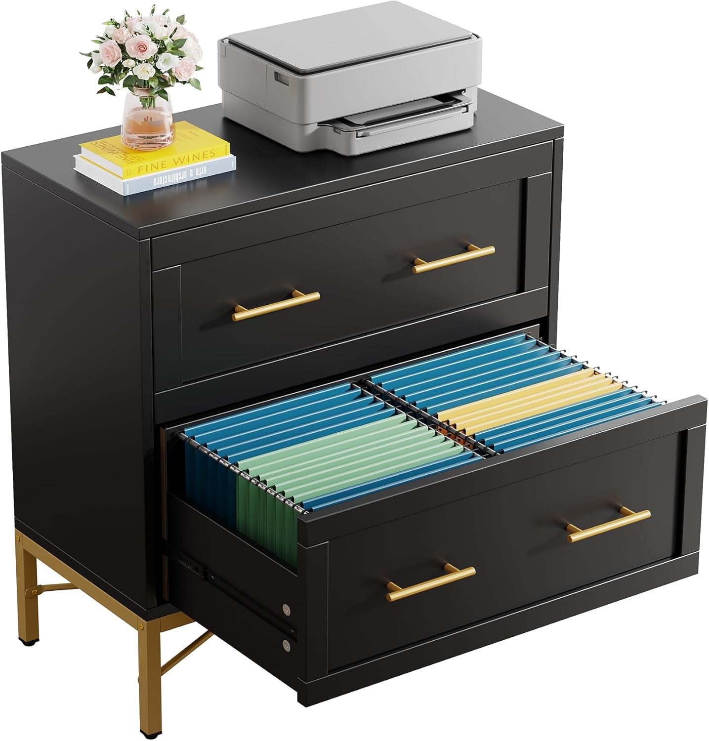 Black Gold 2 Drawer Lateral File Cabinet For Home Office