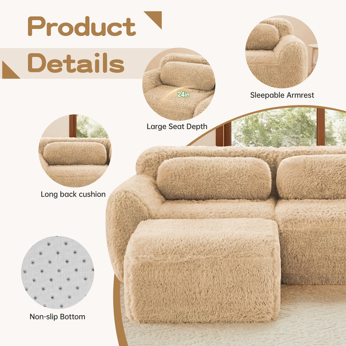 3-Seater Soft Plush Fabric Sofa with Movable Ottoman