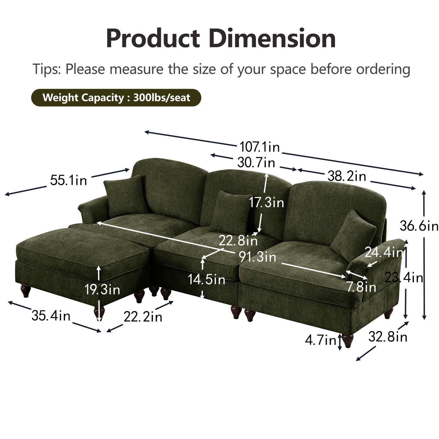 Mid Century Three Seater Modular L Shaped Sectional Couch with Flared Arms and Removable Ruffles Pleats Skirts and Spindle Legs, Comfy Chenille 3-Seat Deep Seat Sofa with Movable Ottoman,Green