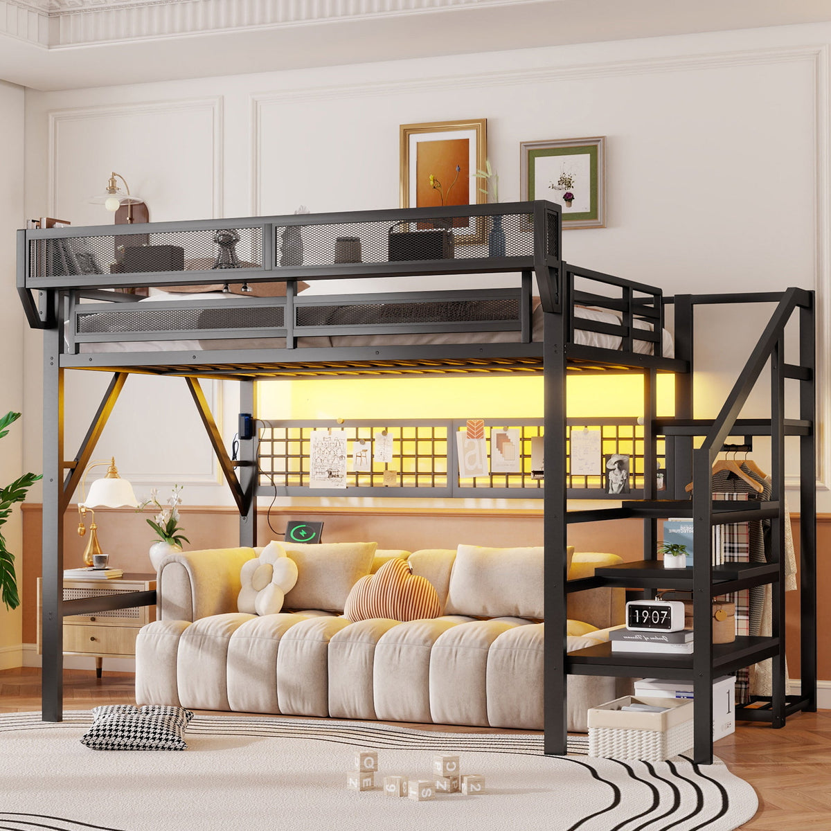 Queen Size Loft Bed with Stairs, Light, and Storage