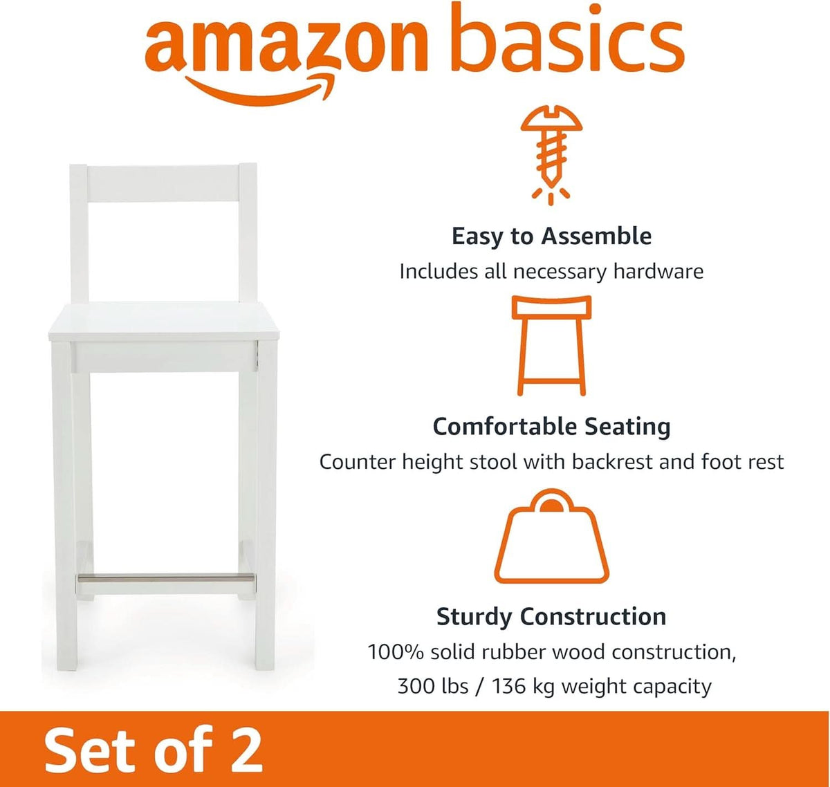White Wooden Bar Stool With Backrest, Counter Height