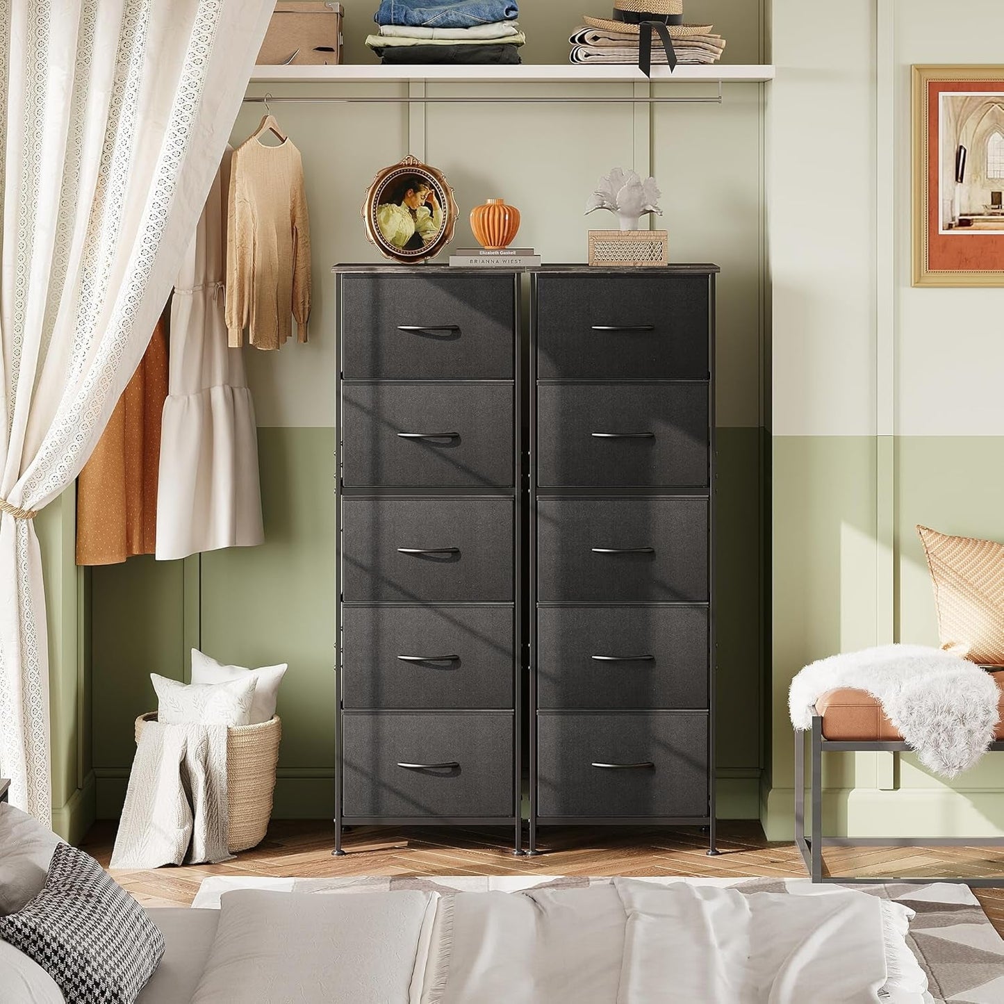 Fabric Dresser 5 Drawer Tall Storage Charcoal Black