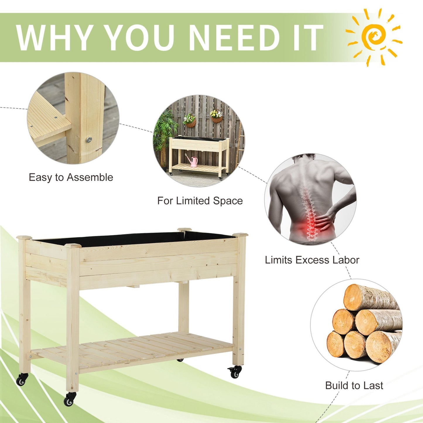 Outsunny Raised Garden Bed with Lockable Wheels and Storage Shelf, Natural Wood, 47 x 22 x 33 Inches