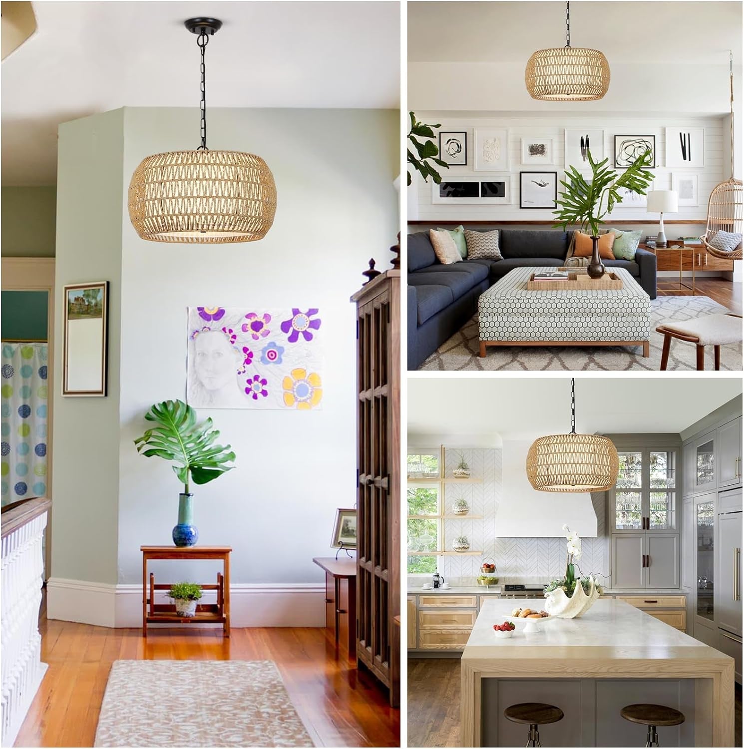 Rattan Farmhouse 5 Light Chandelier With Fabric Shade featured in multiple stylish home settings.
