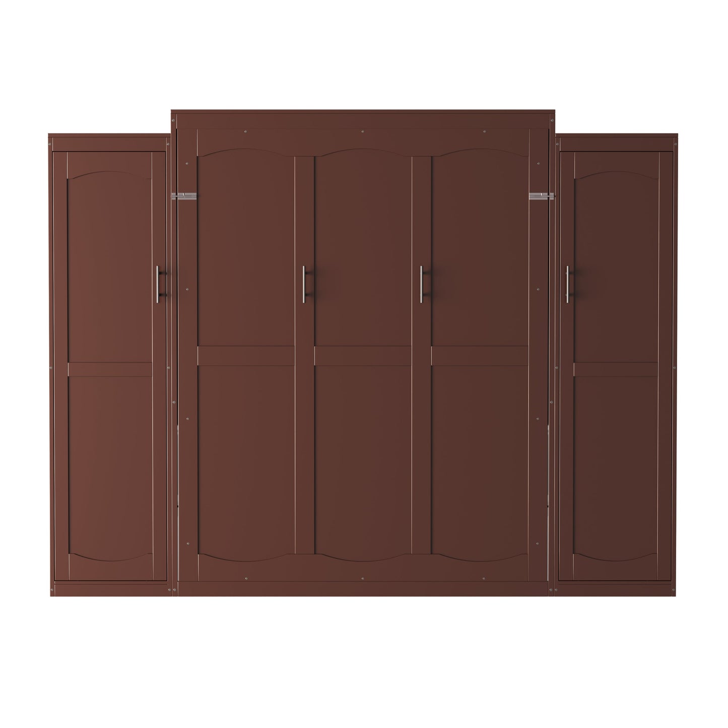 Full Size Murphy Bed, Wooden Full Wall Bed with 2 Wardrobe and Storage Shelf, Multifunctional Foldable Platform Bedframe for Guest-Room, Bedroom, Walnut