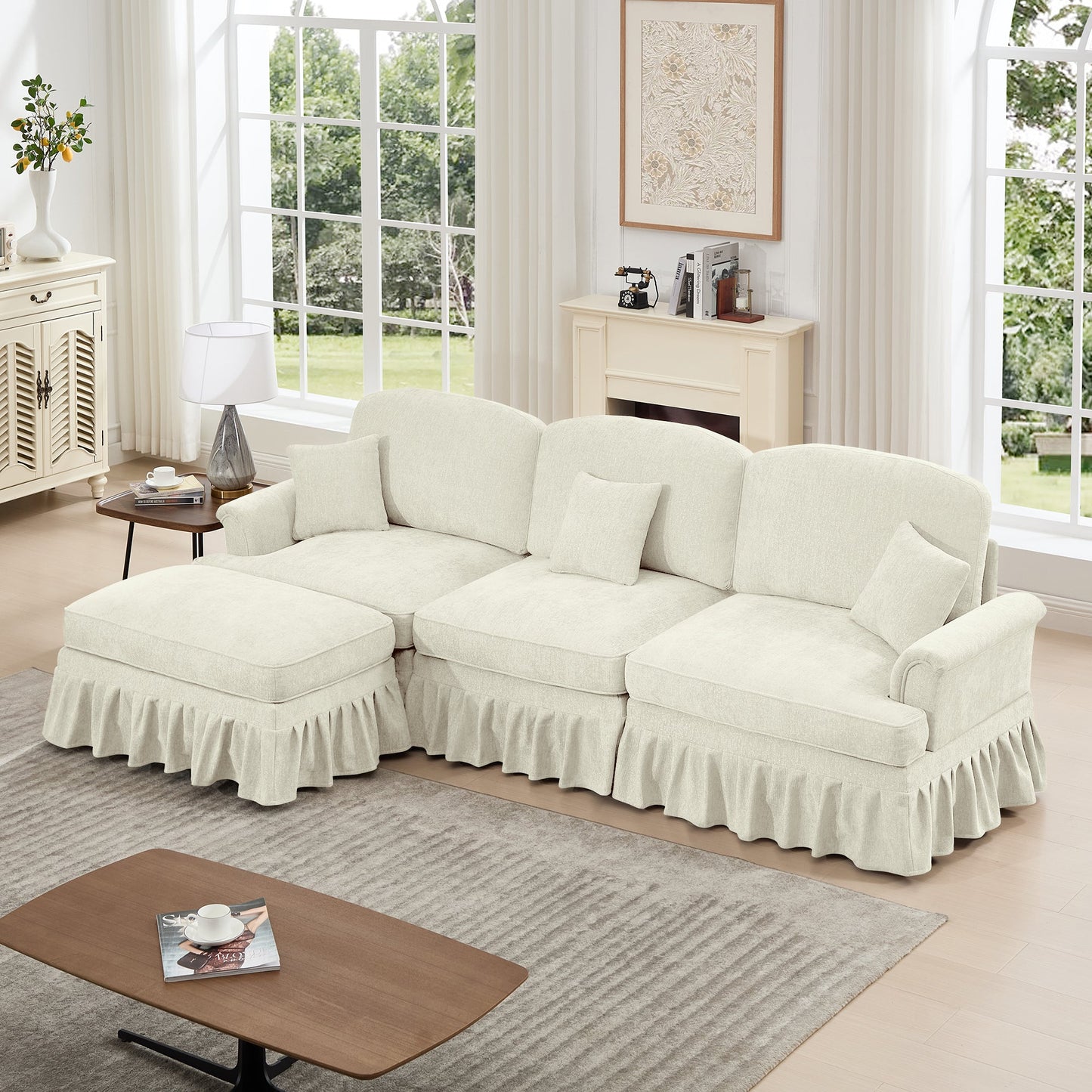 Mid Century Three Seater Modular L Shaped Sectional Couch with Flared Arms and Removable Ruffles Pleats Skirts and Spindle Legs, Comfy Chenille 3-Seat Deep Seat Sofa with Movable Ottoman, Beige White