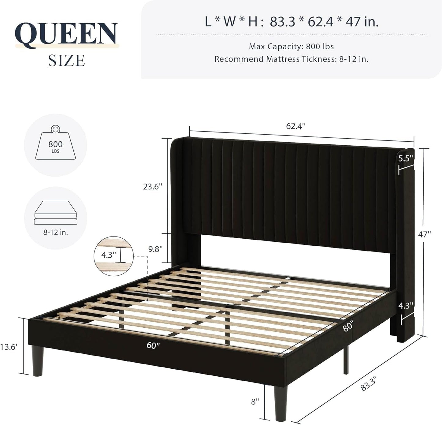 Queen Size Velvet Bed Frame With Wingback Headboard Storage