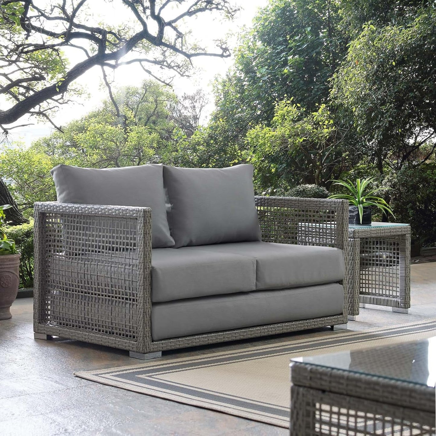 Modern Gray Wicker Rattan Loveseat for Outdoor Spaces