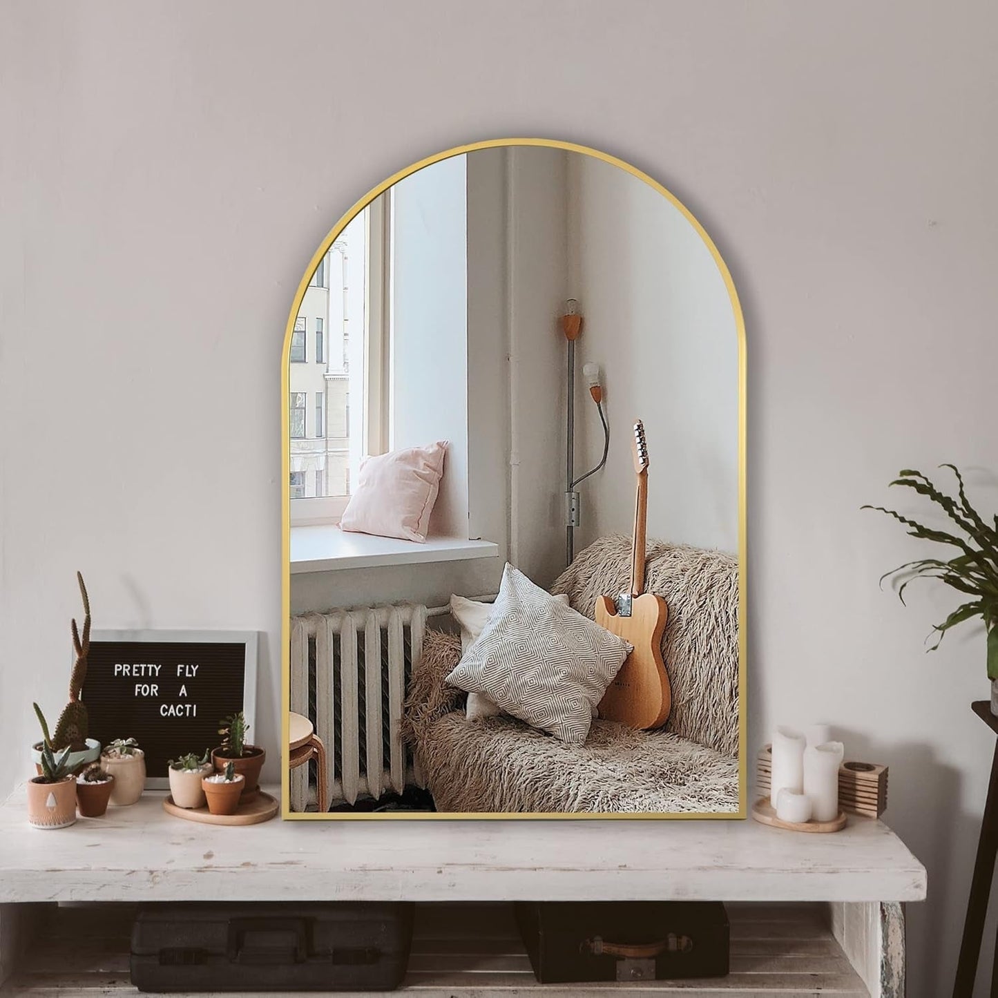 Gold Arched Wall Mirror 24x36 For Bathroom Vanity Decor