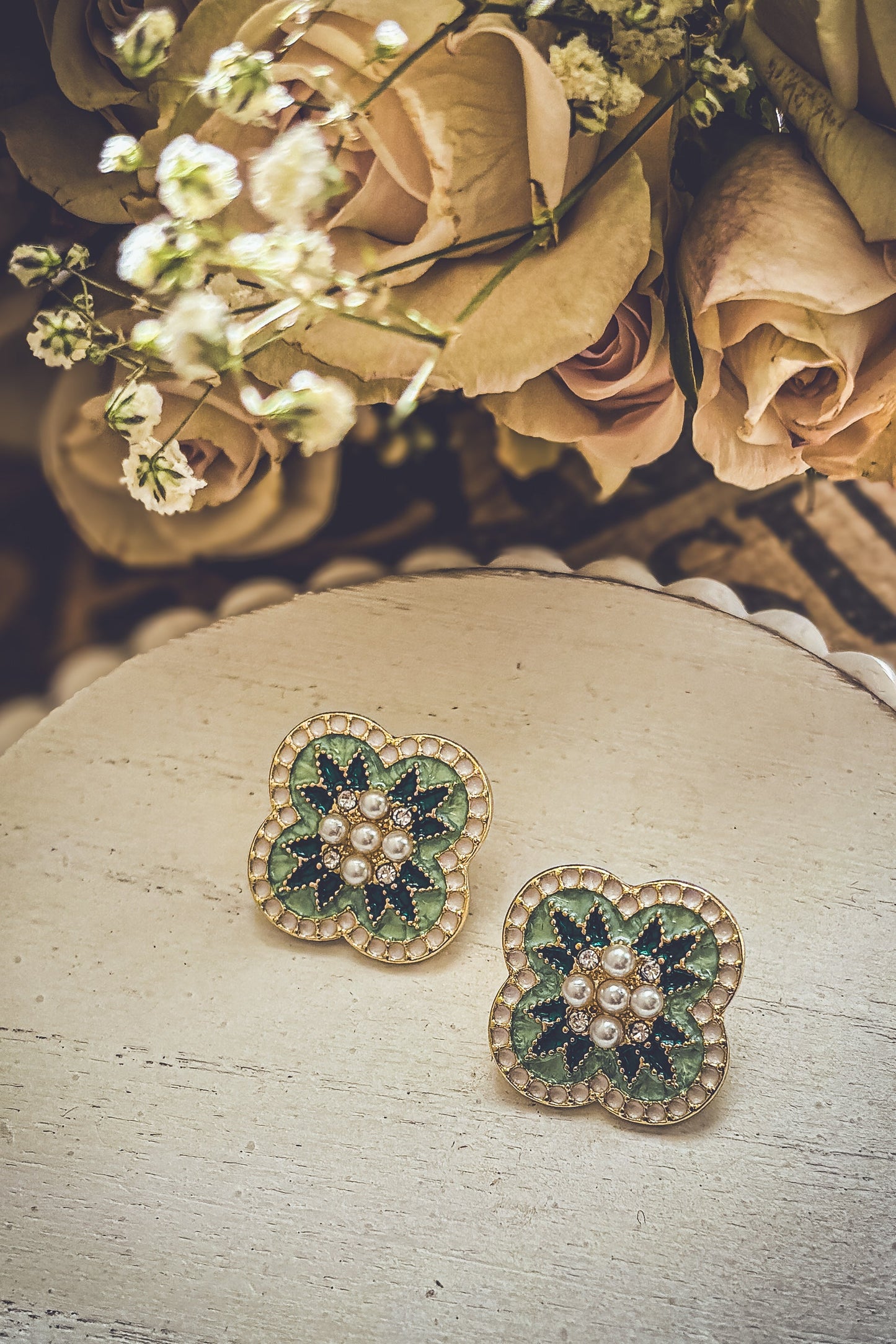Beautiful Vintage Green and Pearl Stud Earrings