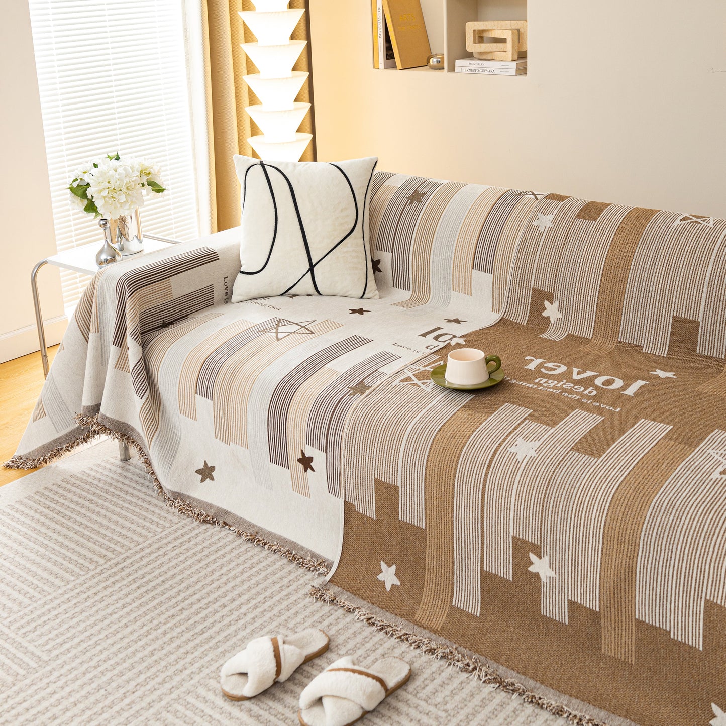 Geometric Chenille Sofa Throw Cover, Breathable Couch Protector with Tassel Fringe