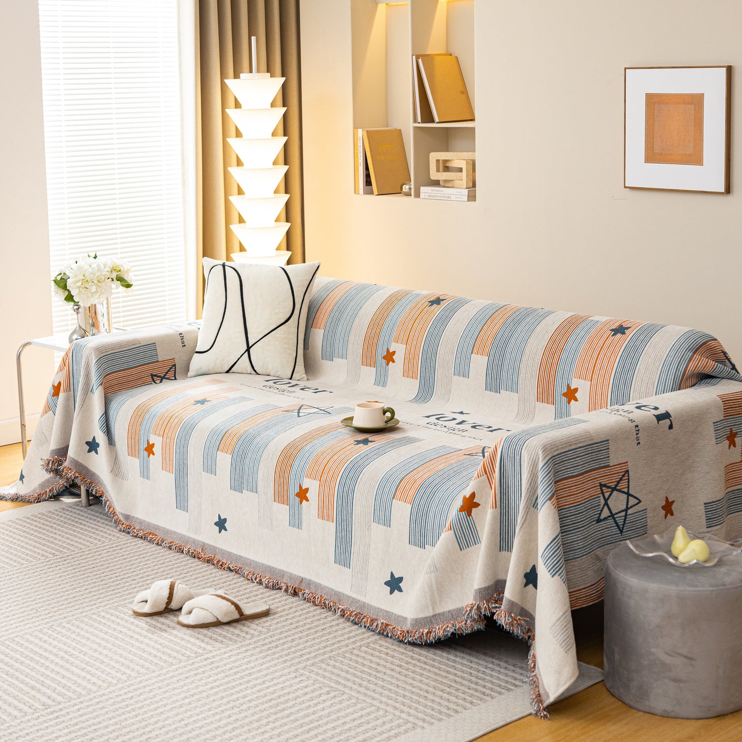 Geometric Chenille Sofa Throw Cover, Breathable Couch Protector with Tassel Fringe