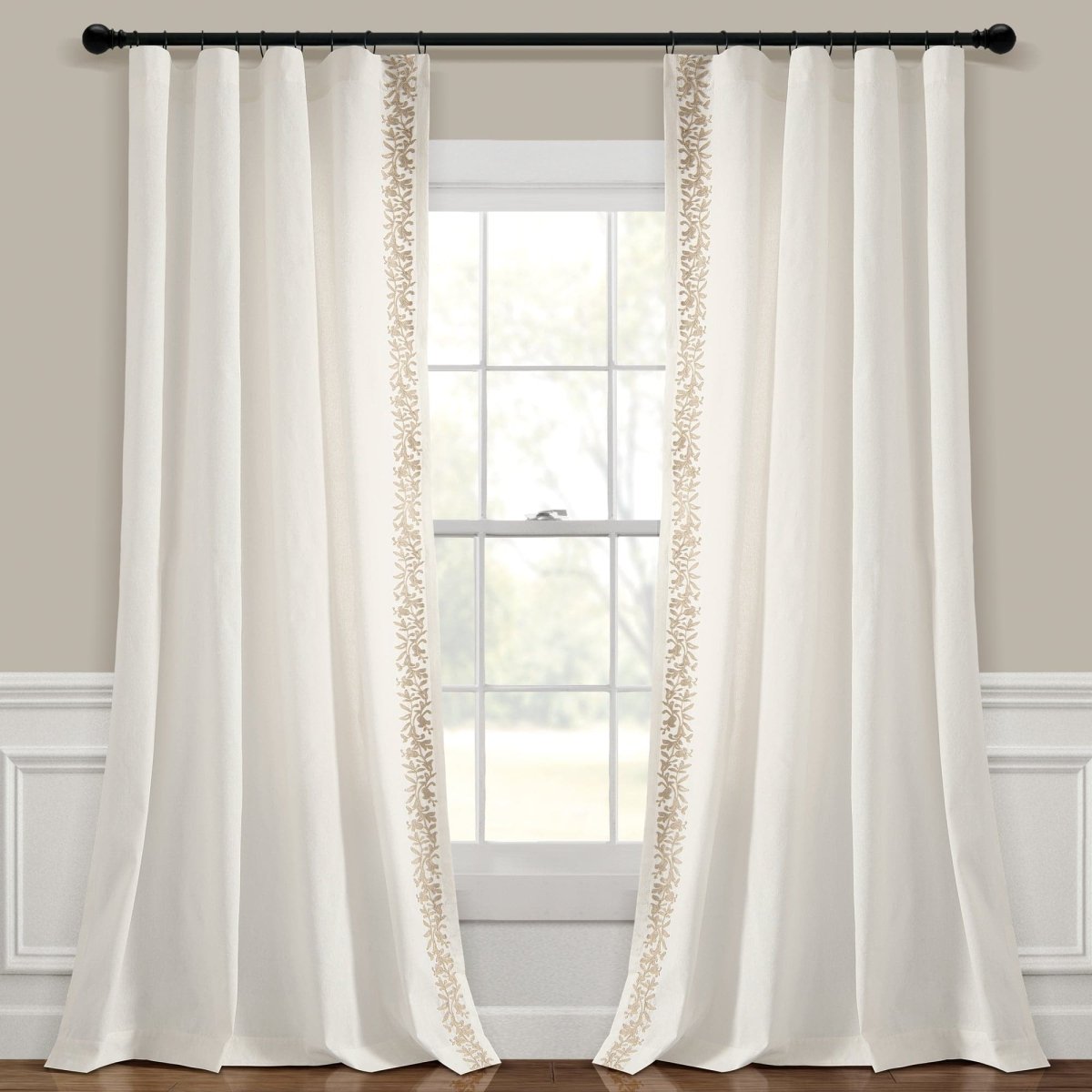 Luxury Modern Flower Linen Like Embroidery Border Window Curtain Panel