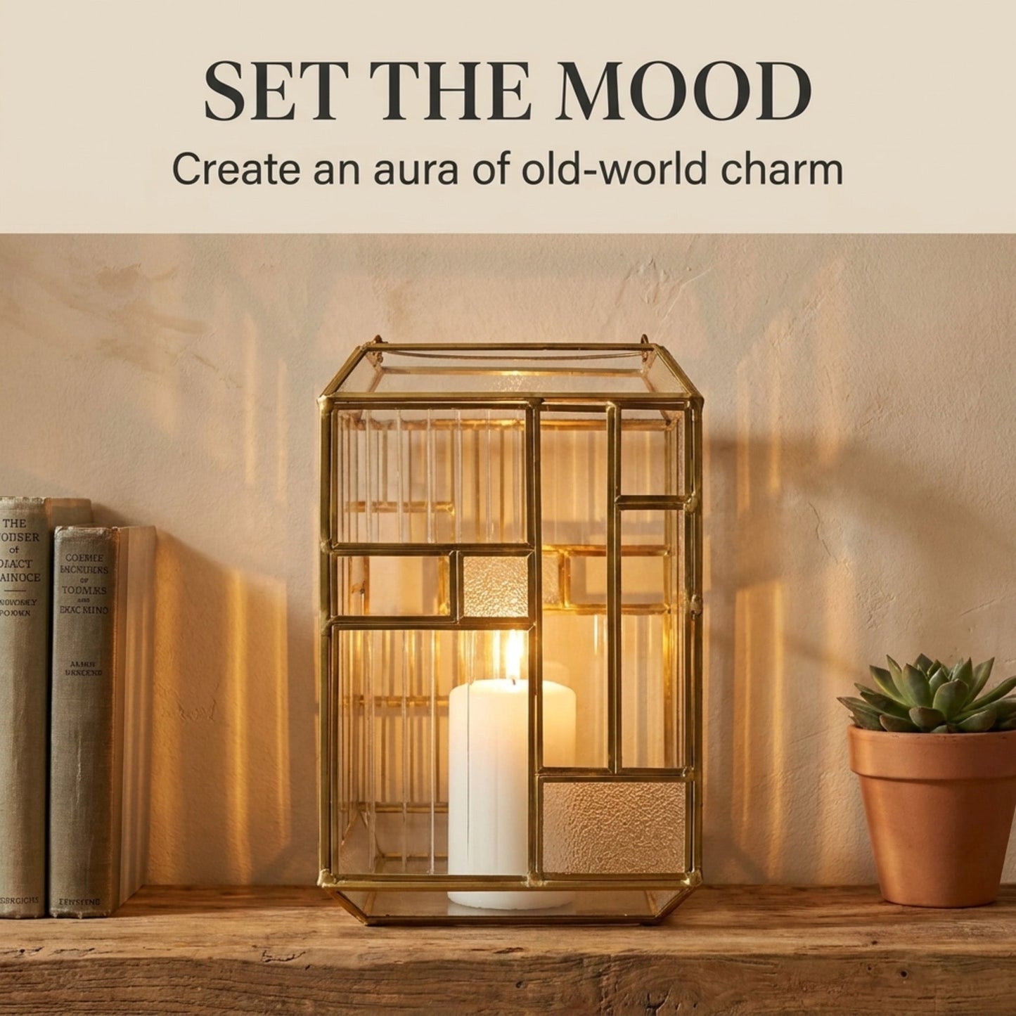 Gold Candle Holder - Modern Glass Metal Lantern for Pillar Candles Indoor & Outdoor Decor