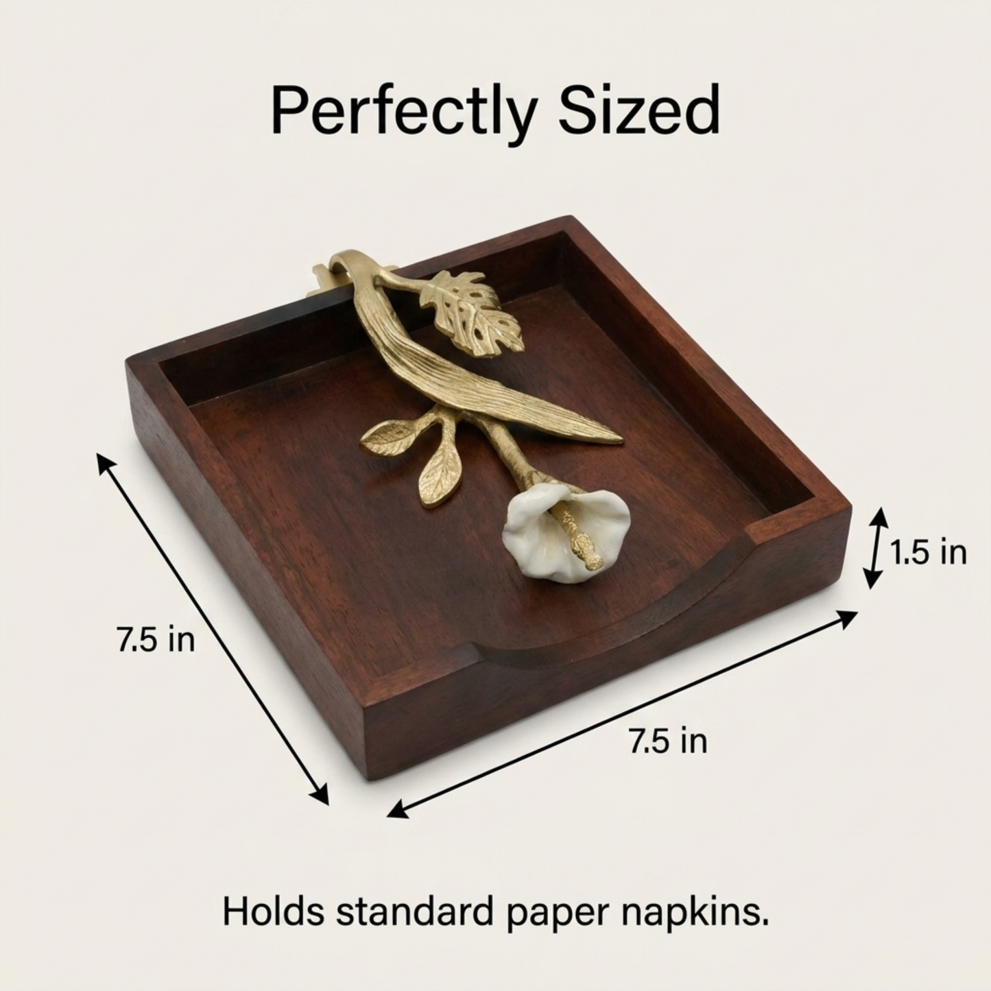 Wooden Napkin Holder – Solid Wood Serviette Holder with Gold Finish Ornament