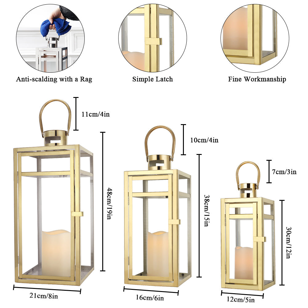 Set of 3 Stainless Steel Lanterns Gold displaying sizes and features, perfect for decor and candle display.