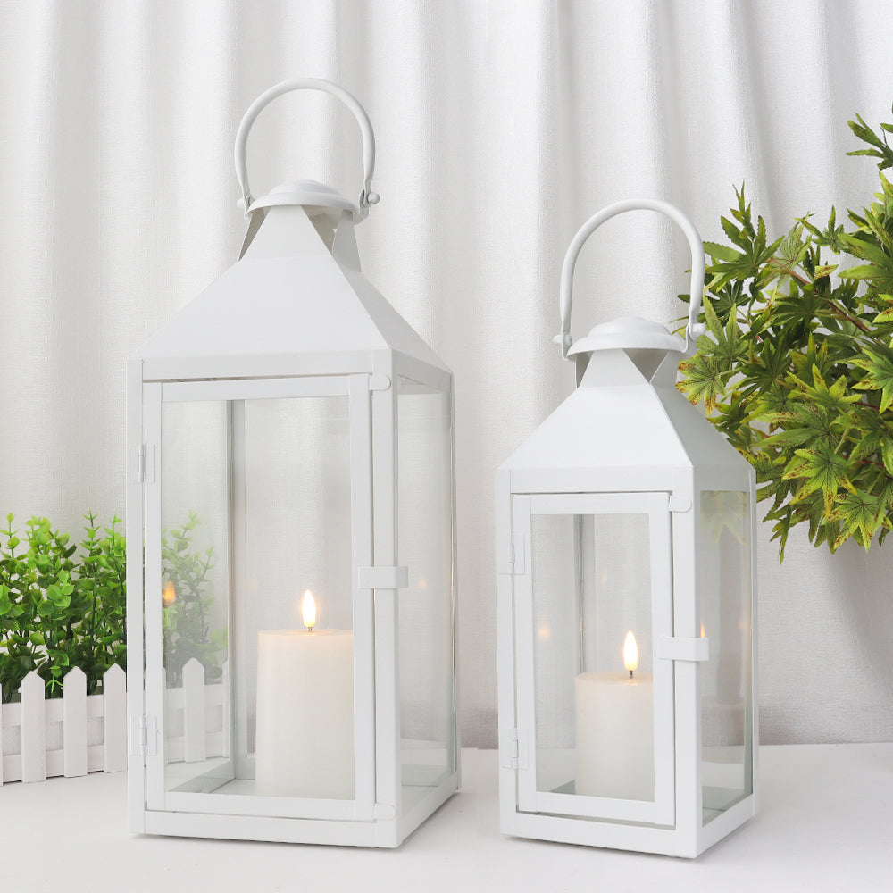 17.5"&13.5"Set of 2 Metal Candle Lanterns(White）