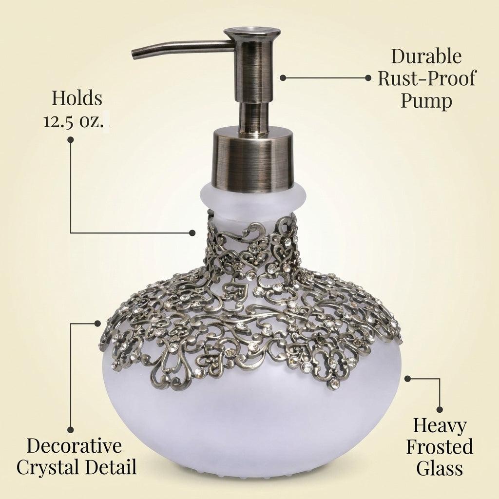 Soap Dispenser – Elegant Frosted Glass Bathroom Accessory with Pewter Finish & Rhinestones