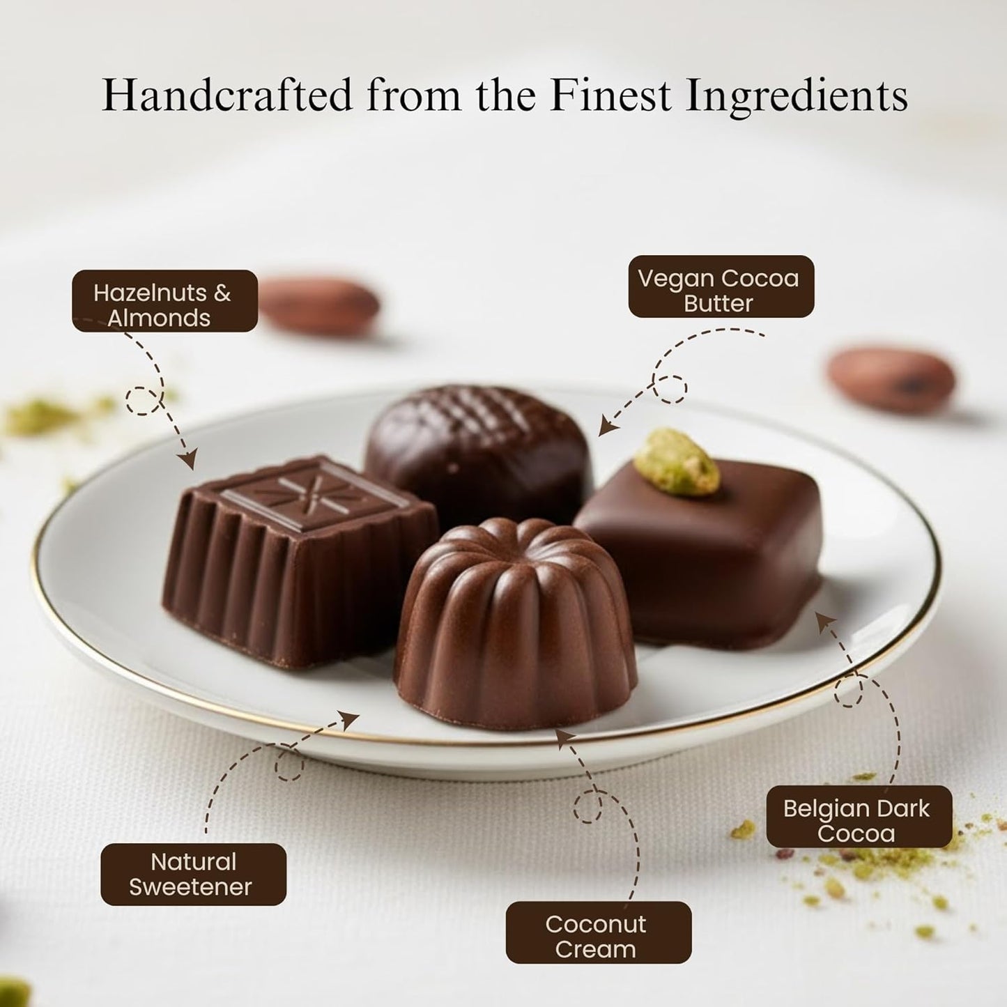 Chocolate truffles on a plate with labeled ingredients on a light background