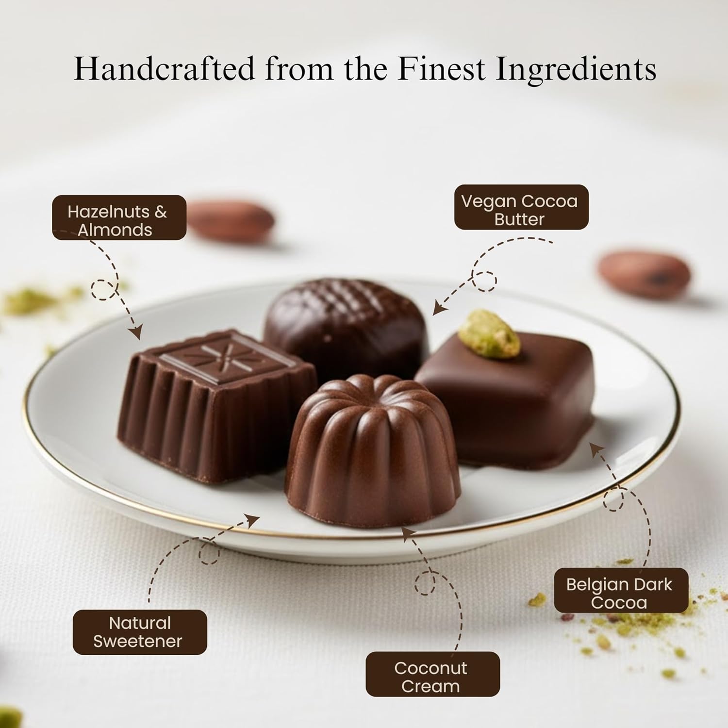 Chocolate truffles on a plate with labeled ingredients on a light background