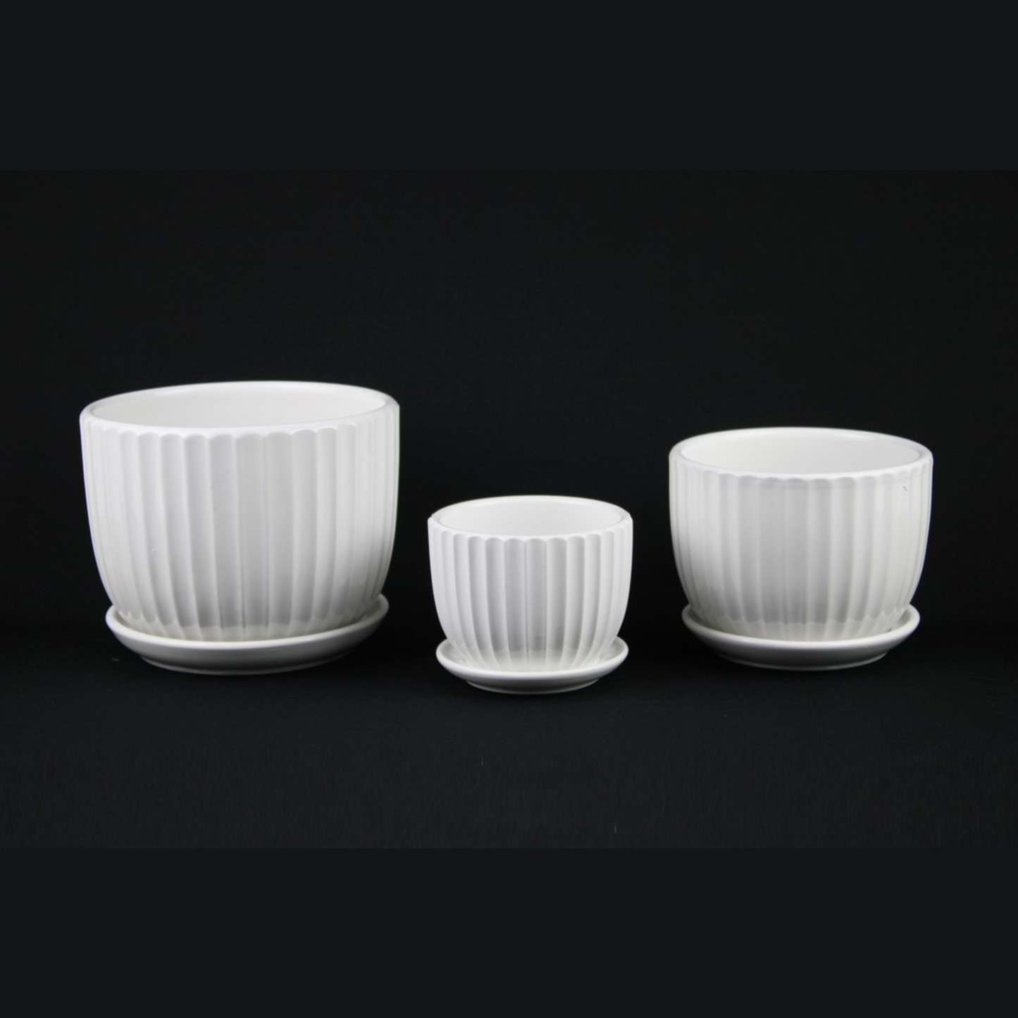 3-Piece White Ceramic Planter Pot Set with Vertical Fluted Design & Matching Saucers