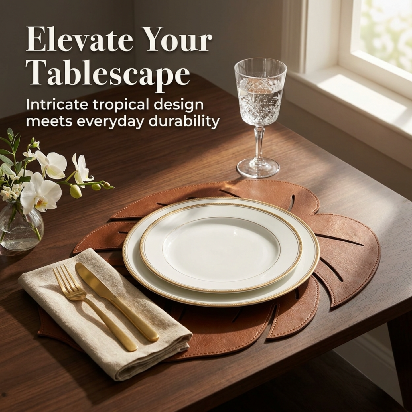 Leather Placemats Set of 6 – Monstera Leaf Design, PU Embossed, Heat Resistant