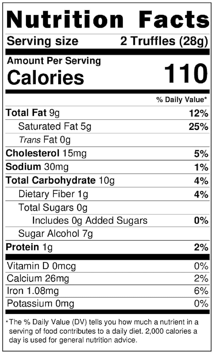 Nutrition facts label for truffles with serving size, calories, and nutritional content details.