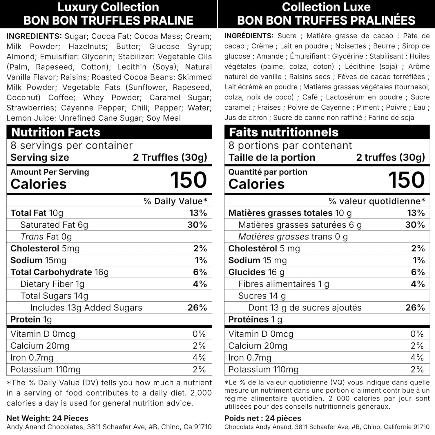 Nutrition facts label for Luxury Collection Bon Bon Truffes Praline with English and French text.