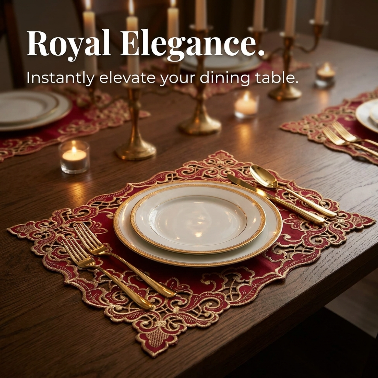 Burgundy Gold Placemats – Rustic Table Decor | Embroidered 12x18 Inch Dining Mats