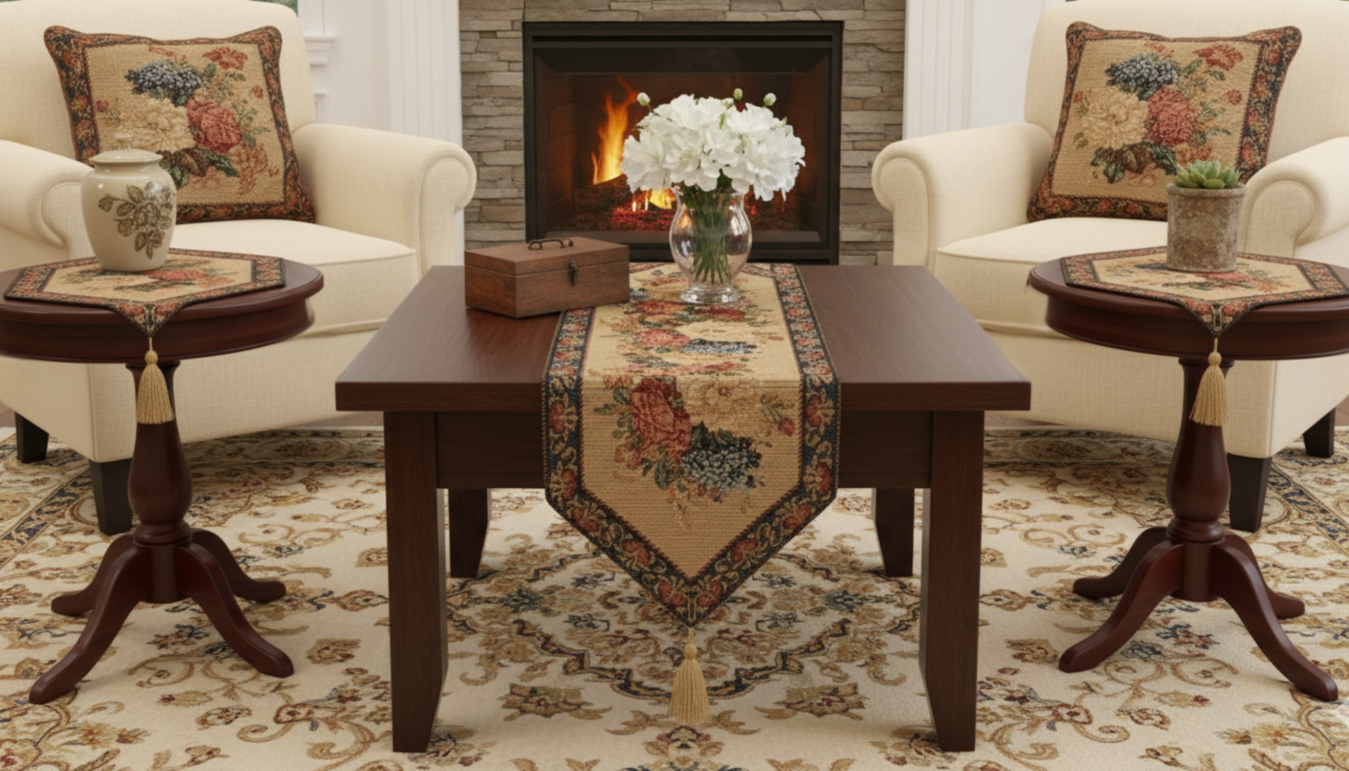 Set of 3 Colorful Country Rustic Floral Morning Awakening Table Runner Set displayed on a coffee table in a cozy living room.