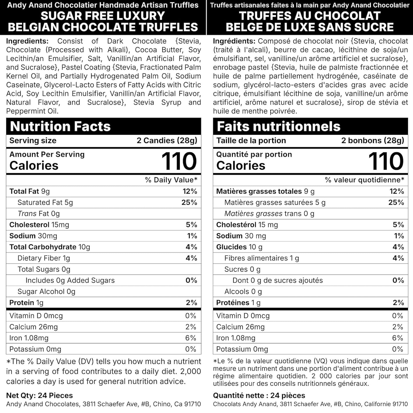 Nutrition facts label forandy Anand Chocolatier sugar-free Belgian chocolate truffles.