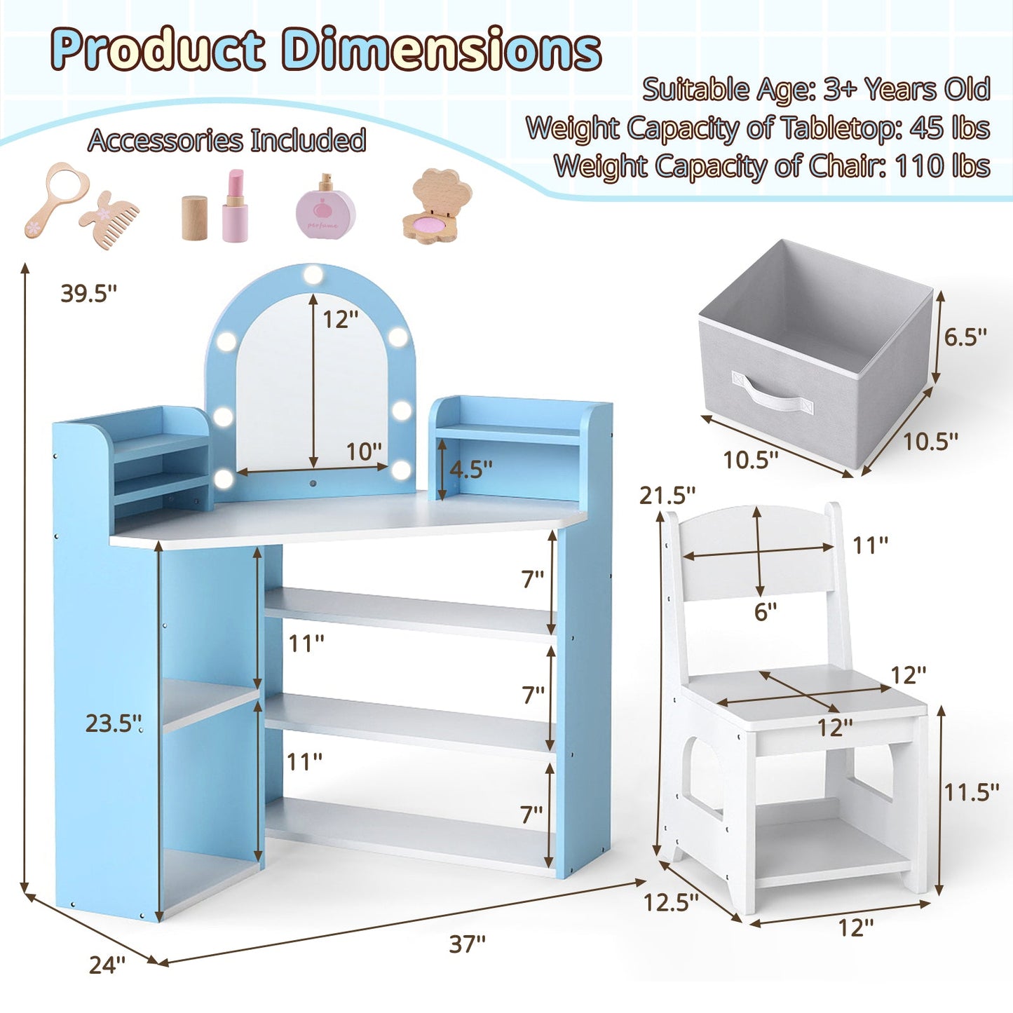2-In-1 Kids Vanity Set with Lights for Toddlers 3+ Years Old