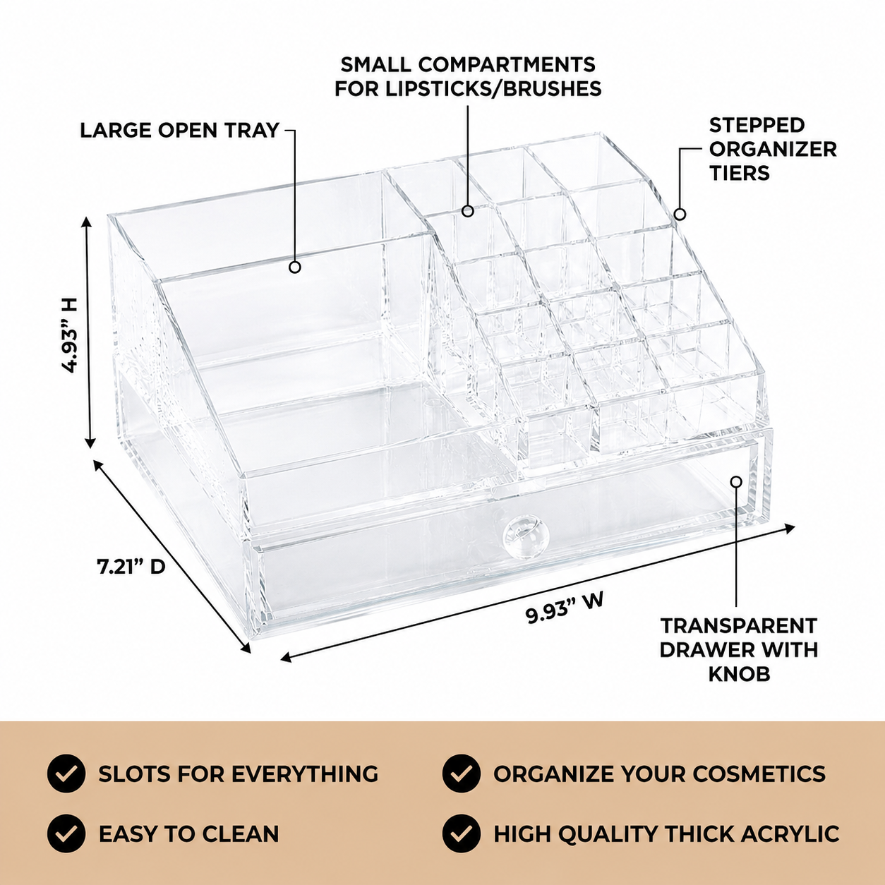 Clear Makeup Organizer - Acrylic Cosmetic Storage Box with 19 Slots & Drawer
