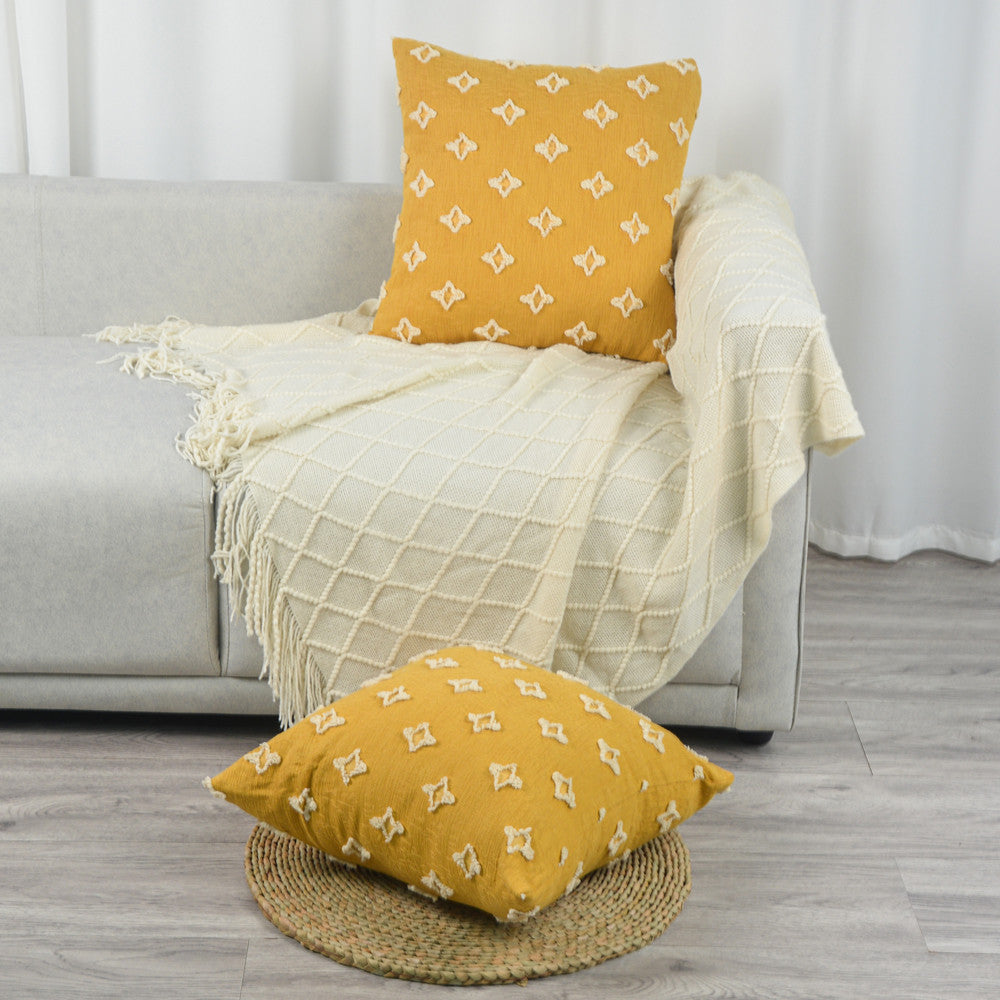 18''x18'' tufted floral 100% cotton throw pillow | 7 colors   textured daisy stitch design | boho chic couch & bedroom accent | insert included