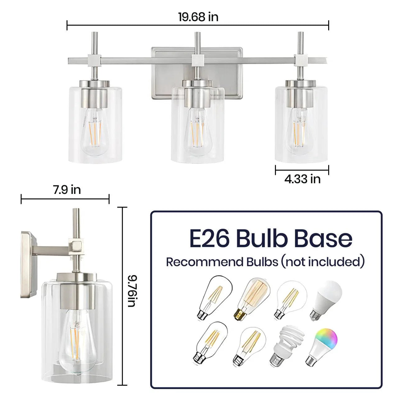 Jasper 3-Light Modern Clear Glass Bathroom Vanity Light, Black & Nickel