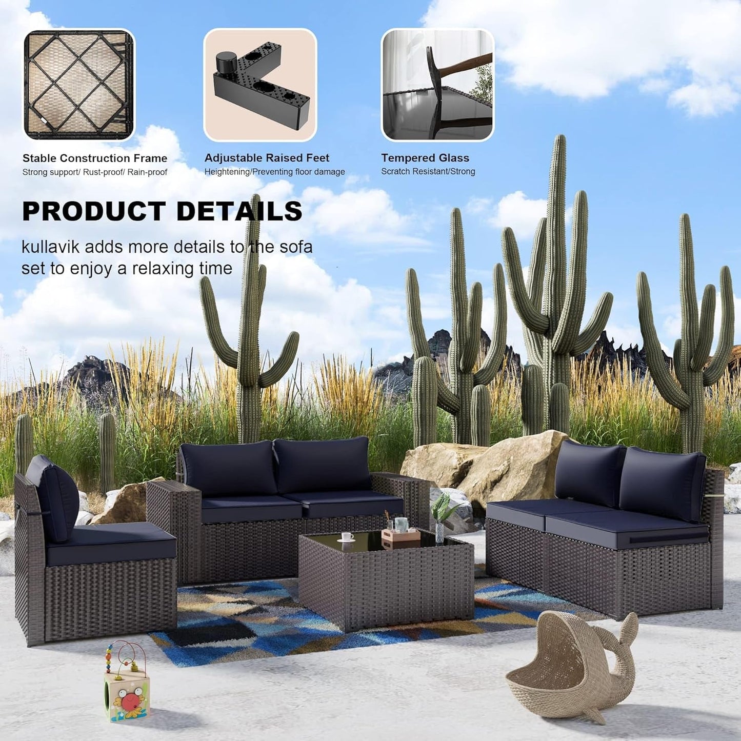 Navy Blue 6 Piece Outdoor Patio Sectional Sofa Set With PE Rattan