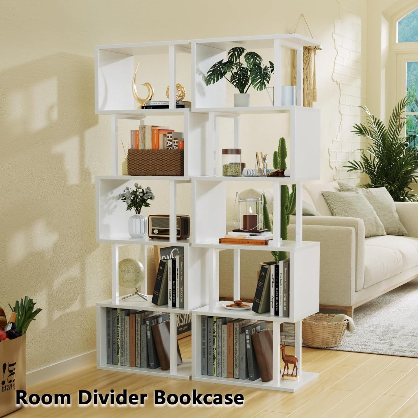 White Geometric S Shaped 6 Tier Bookshelf Freestanding Modern Bookcase