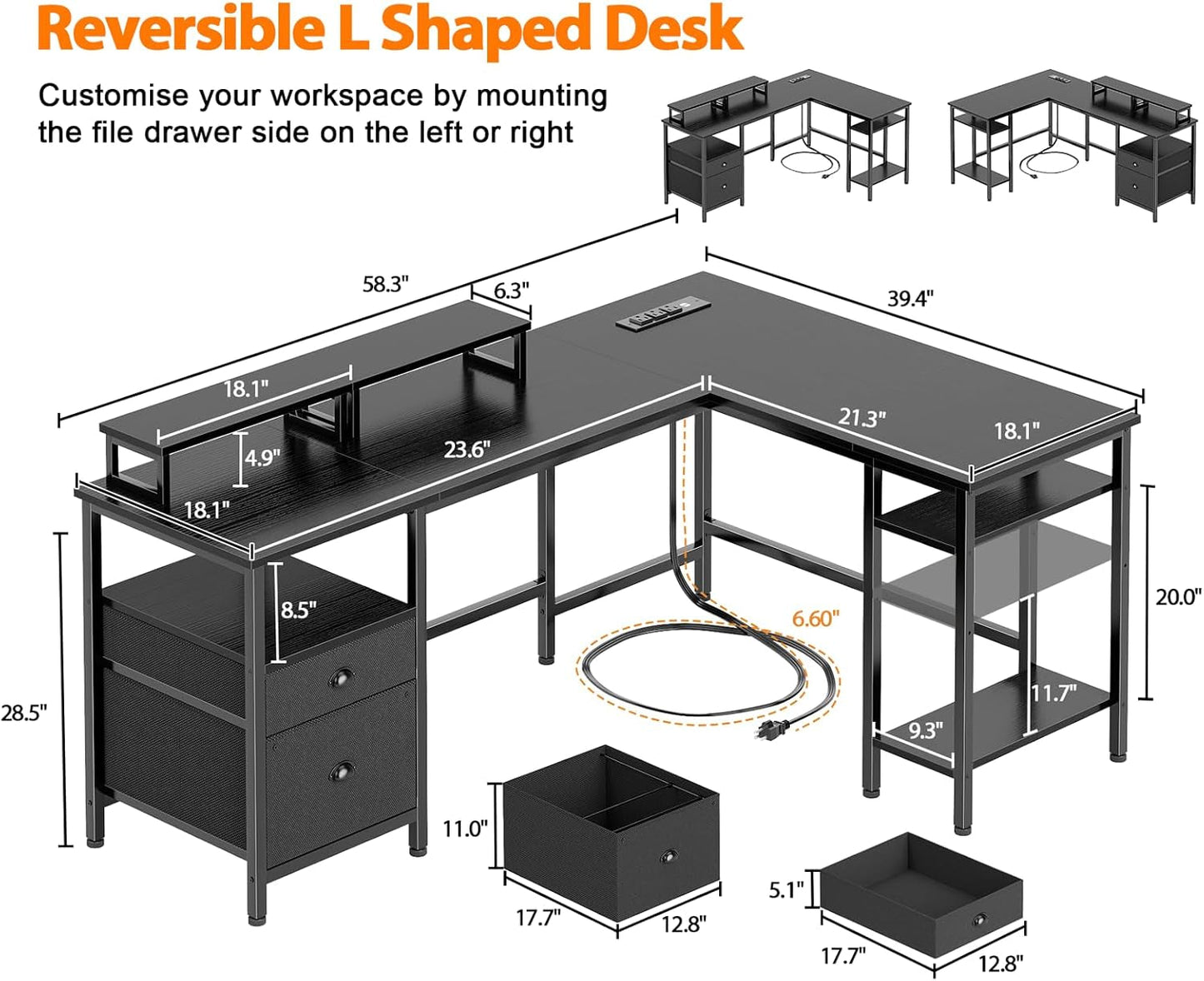 Fifty Nine Inch L Shaped Desk With Black Storage Drawers Unit