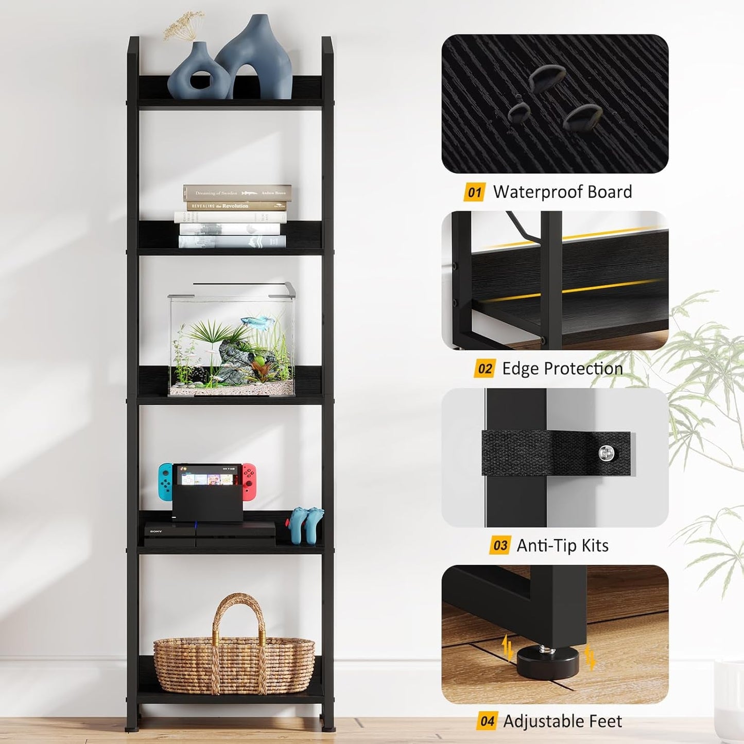 5 Tier Narrow Bookshelf With Edge Protection Bookcase