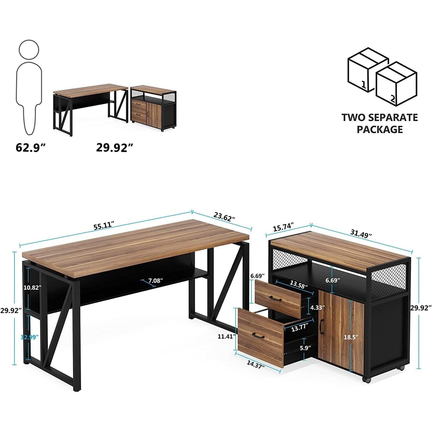 Rustic L Shaped Desk With Storage Cabinet On Wheels