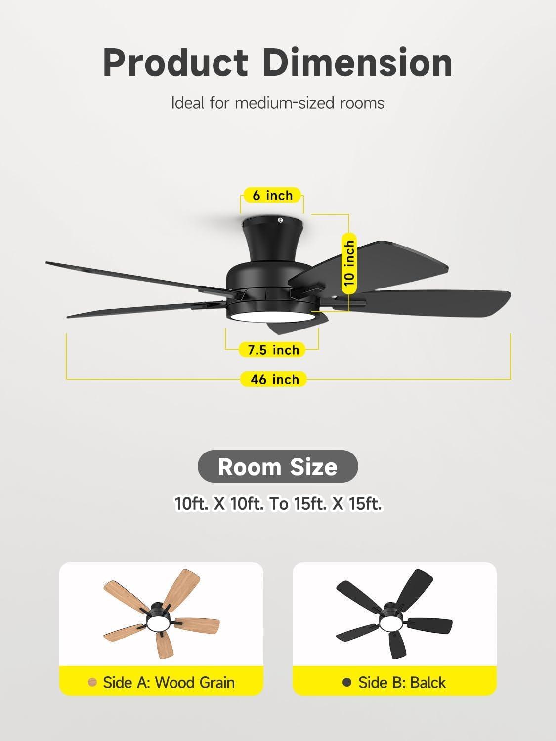 46 Inch Black Ceiling Fan With Remote Dimmable Light 3CCT