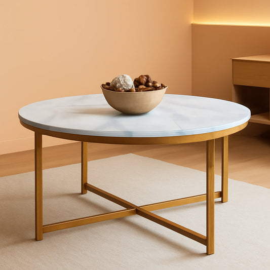Round Coffee Table With Faux Marble Top Cross Leg Design